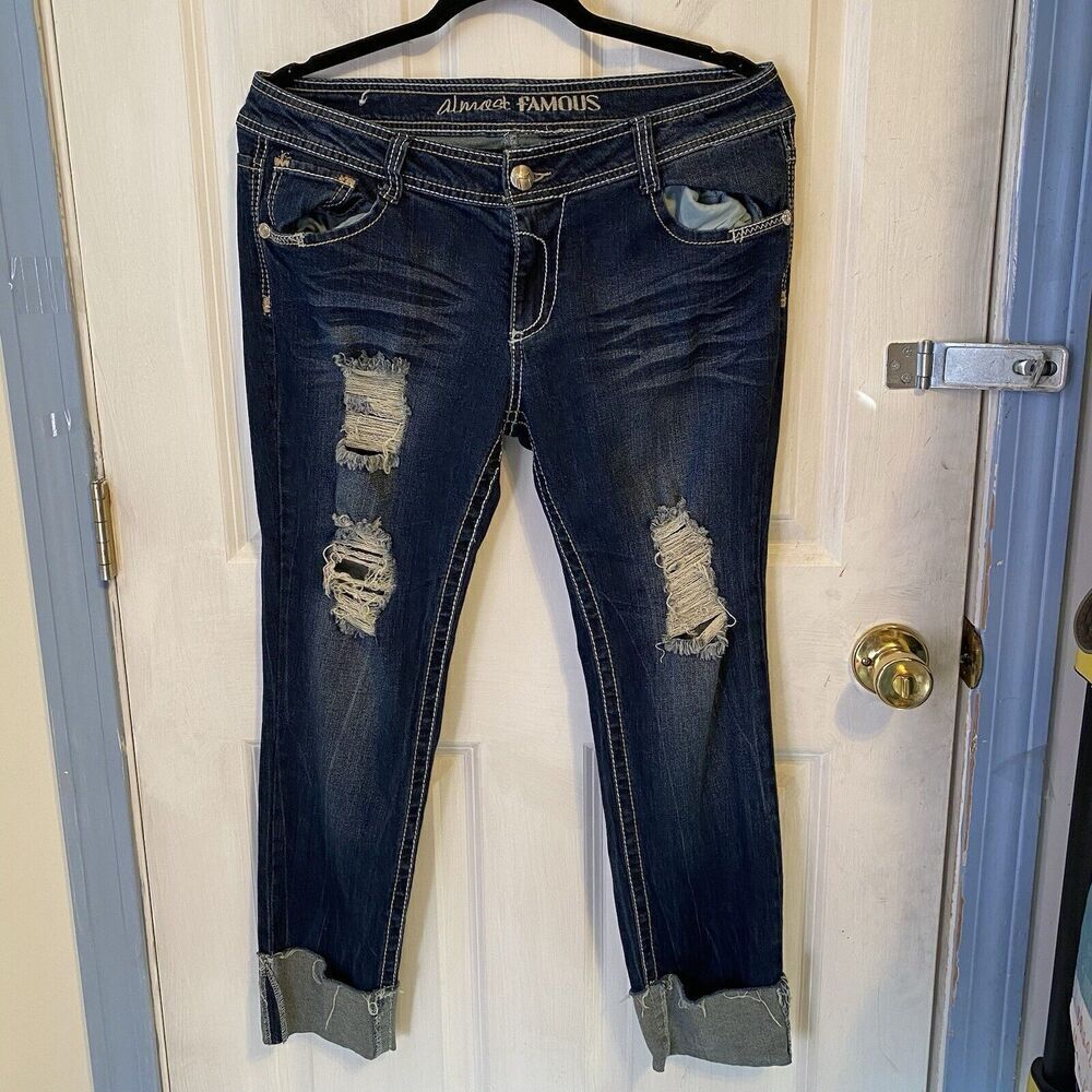 Almost Famous Jeans Women Sz 11 Stretch Distressed Blue Low Rise Cuffed Hem